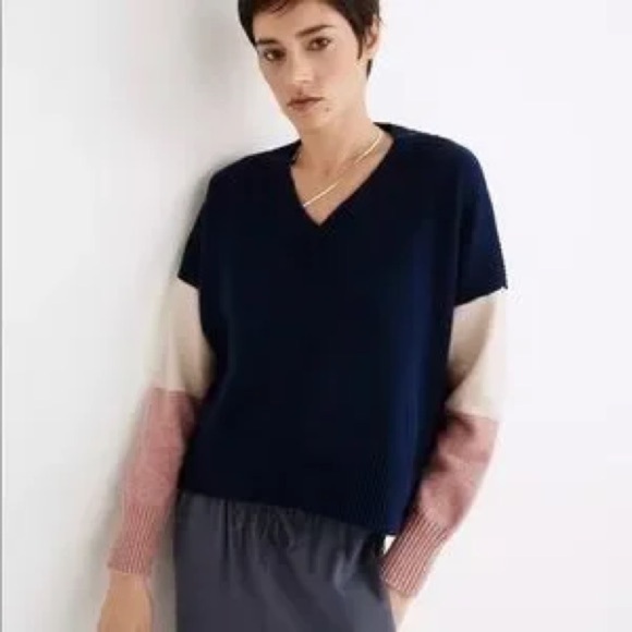 Madewell Colorblock Charleston V Neck Pullover Sweater - Picture 1 of 11